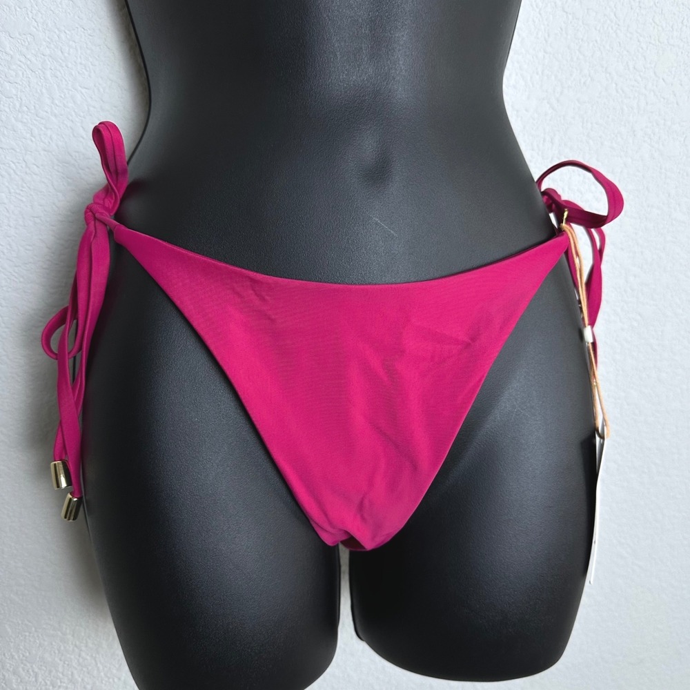 Quince Magenta Pink Recycled Side Tie Bikini Bottom Gold Hardware Large NEW